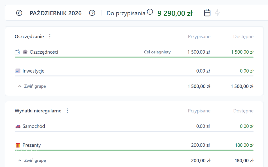 Przypisywanie pieniędzy do kategorii w budżecie EasyBudget